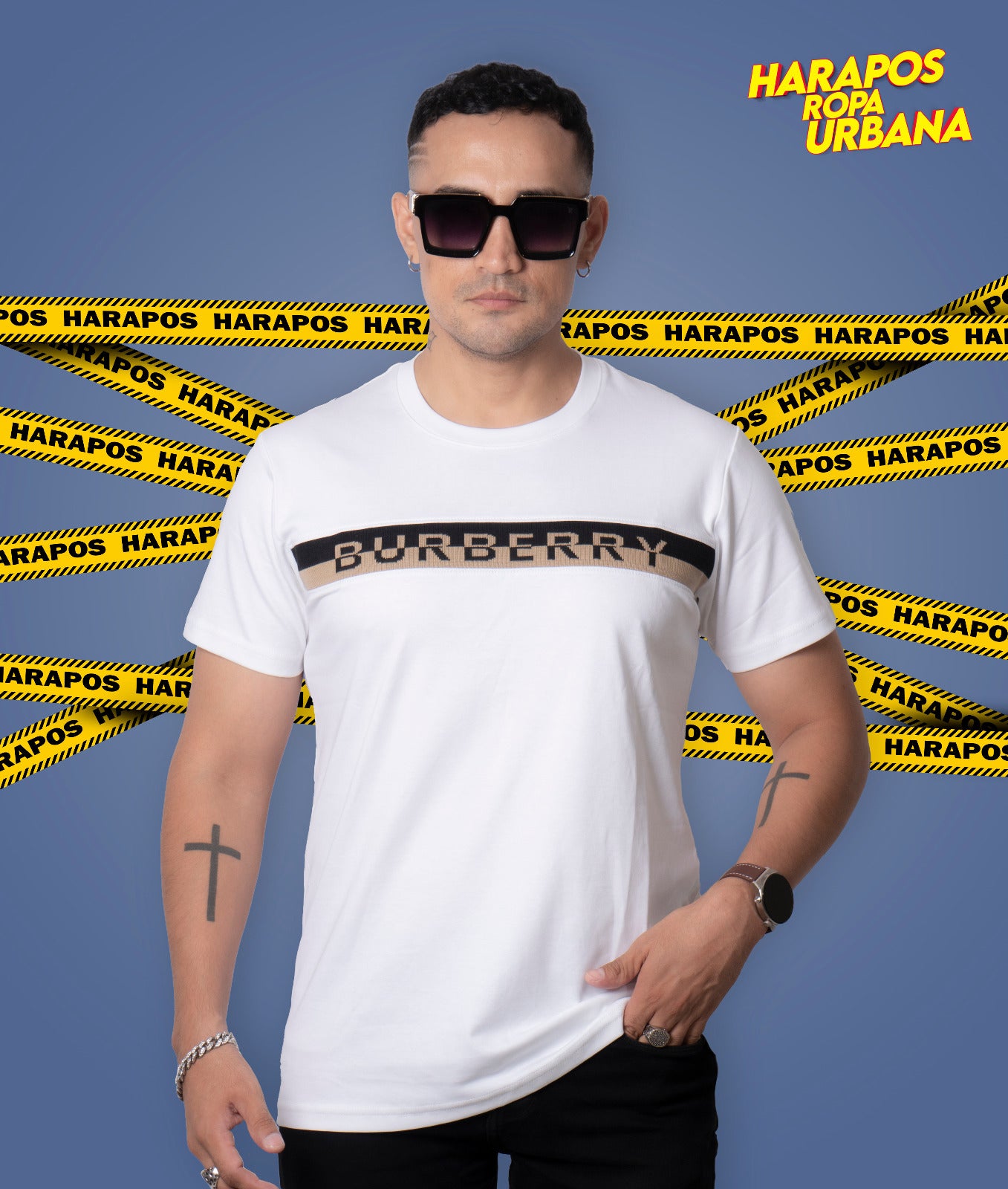Polera burberry blanca franja bordada