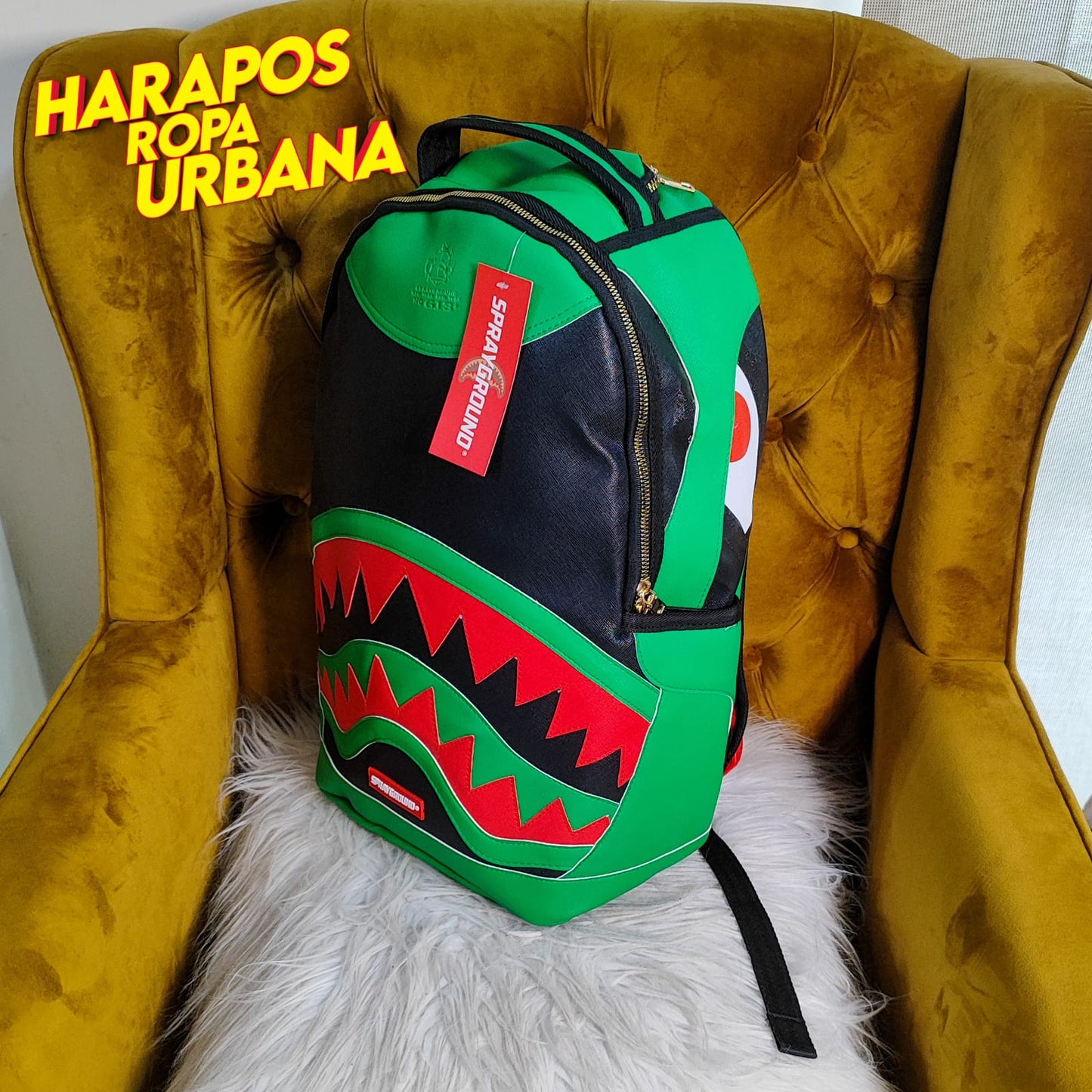Mochila Sprayground cuero liso verde con negro