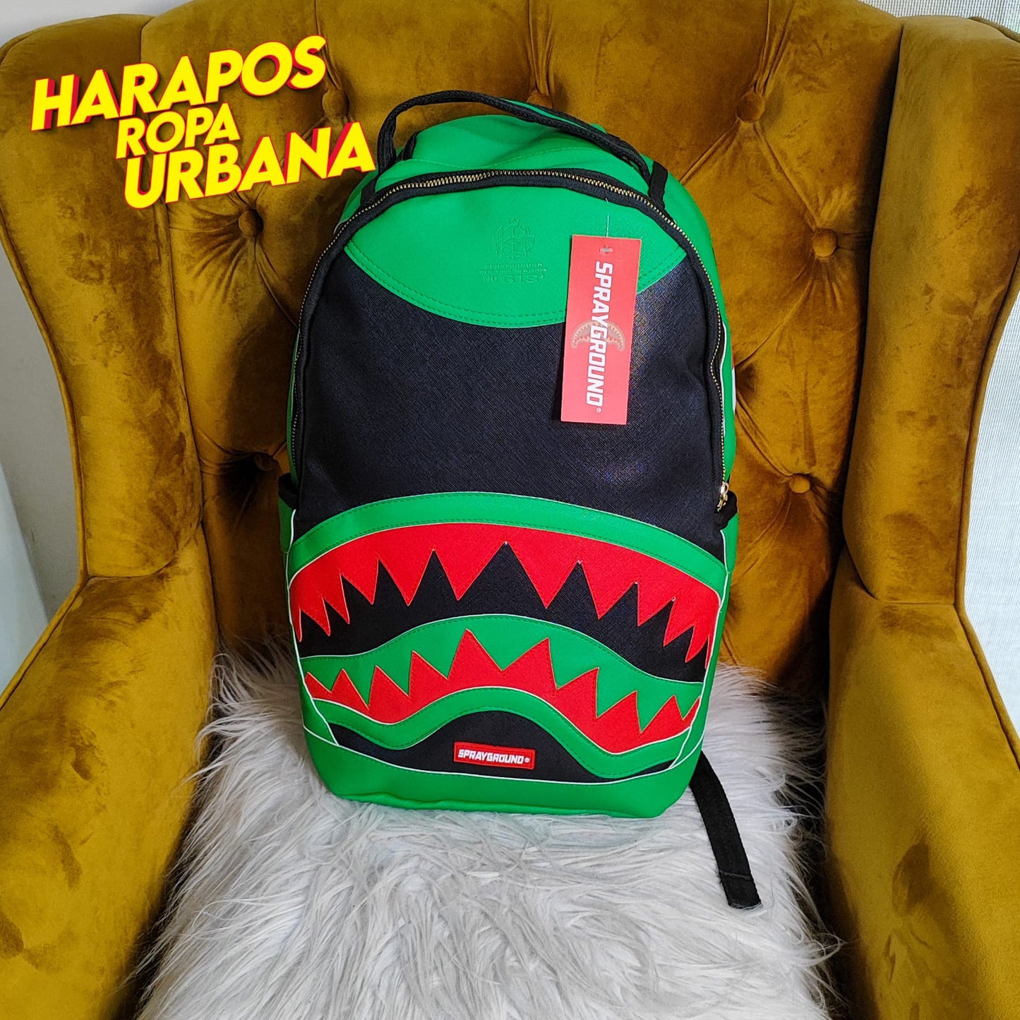 Mochila Sprayground cuero liso verde con negro