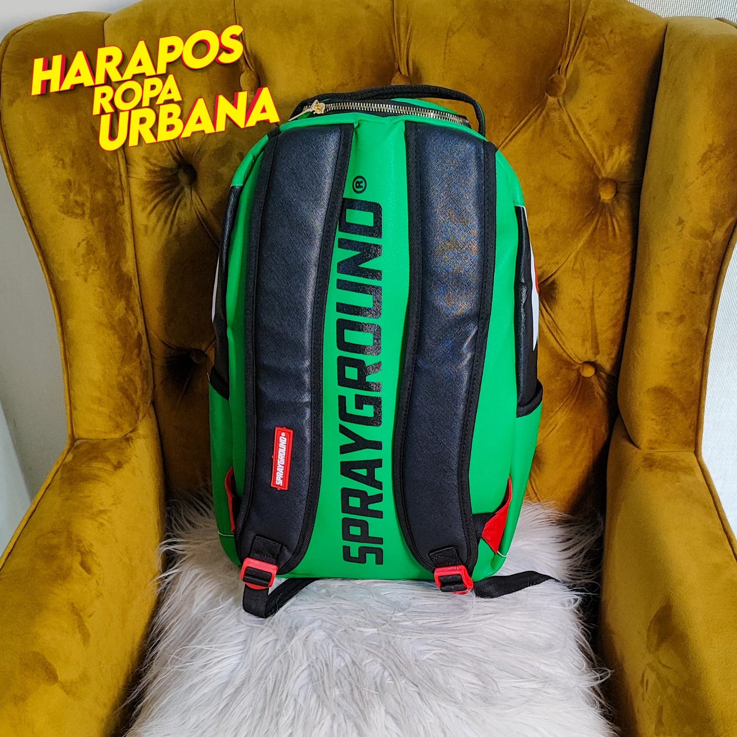 Mochila Sprayground cuero liso verde con negro