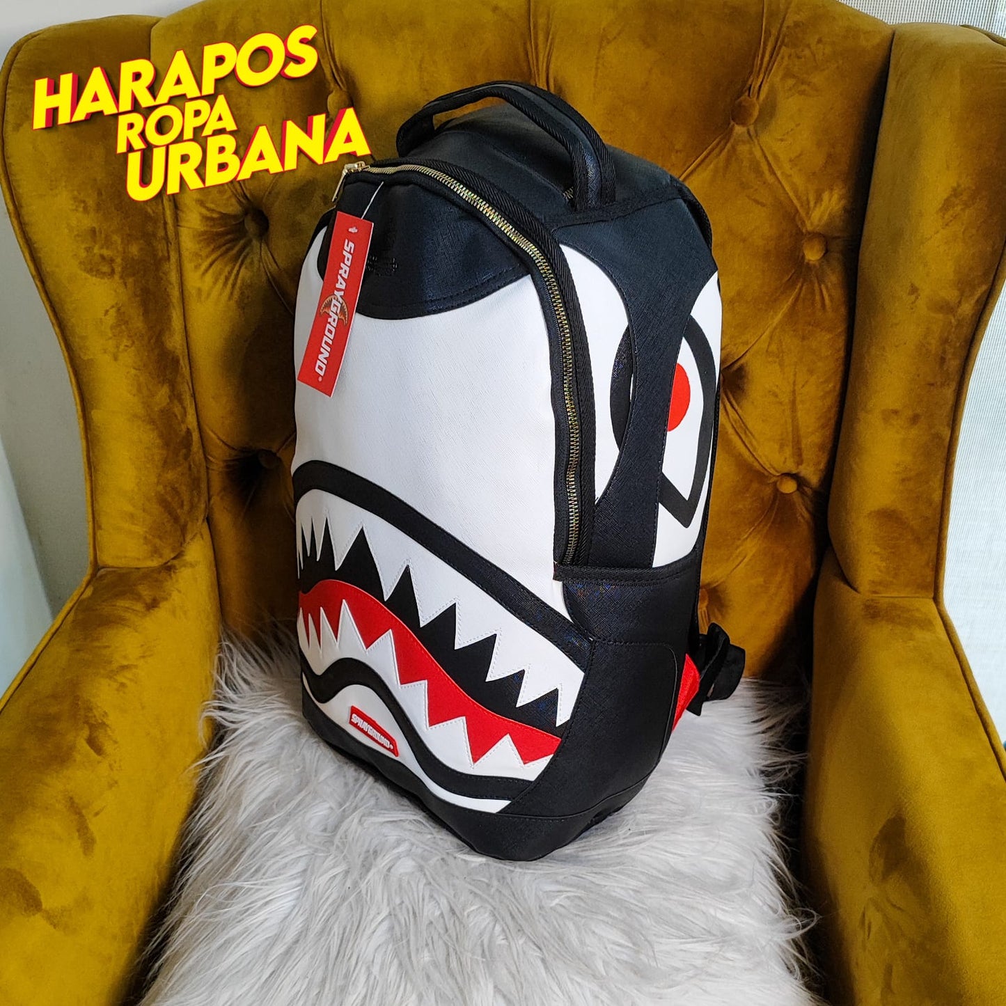 Mochila Sprayground cuero liso negro con blanco