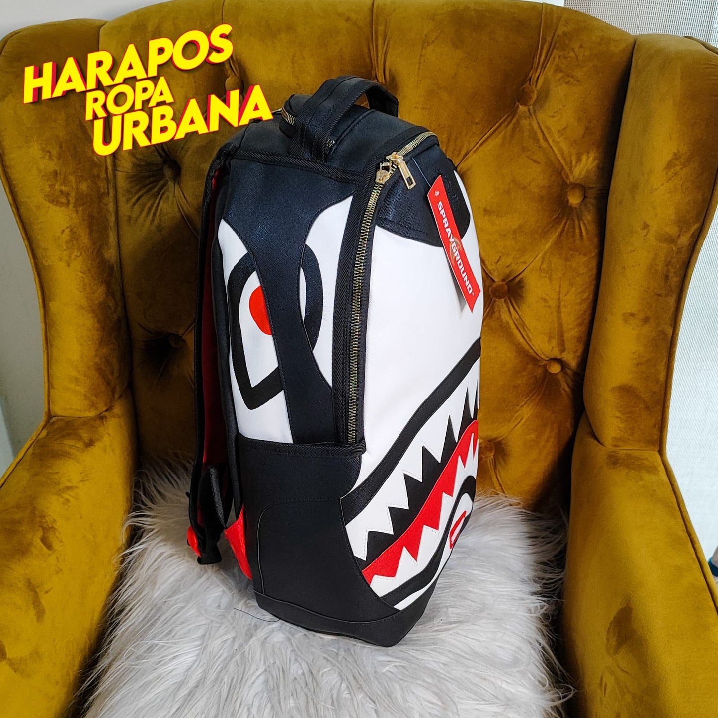 Mochila Sprayground cuero liso negro con blanco