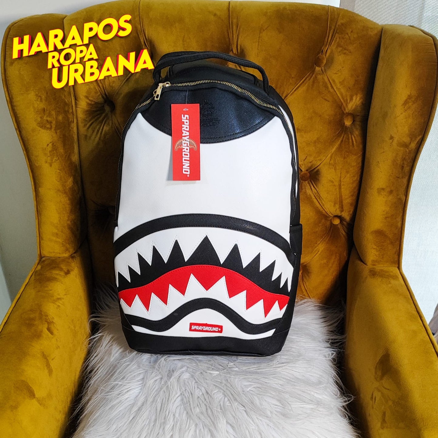 Mochila Sprayground cuero liso negro con blanco