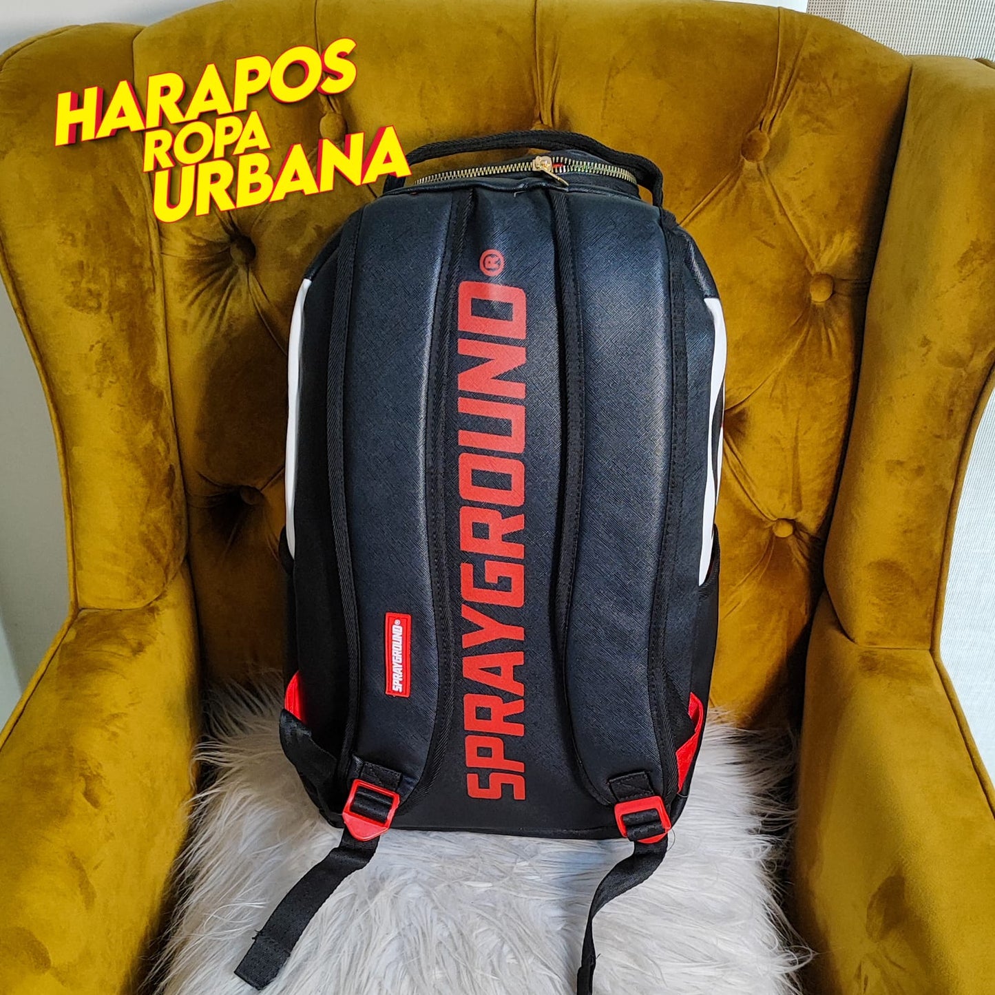 Mochila Sprayground cuero liso negro con blanco