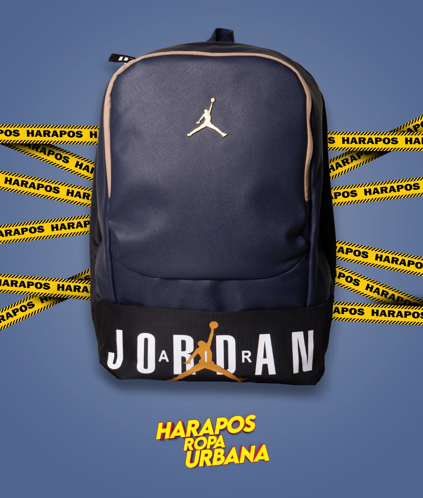 Mochila jordan cuero azul/negro logo dorado
