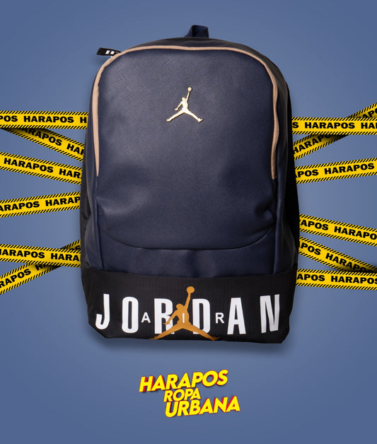 Mochila jordan cuero azul/negro logo dorado