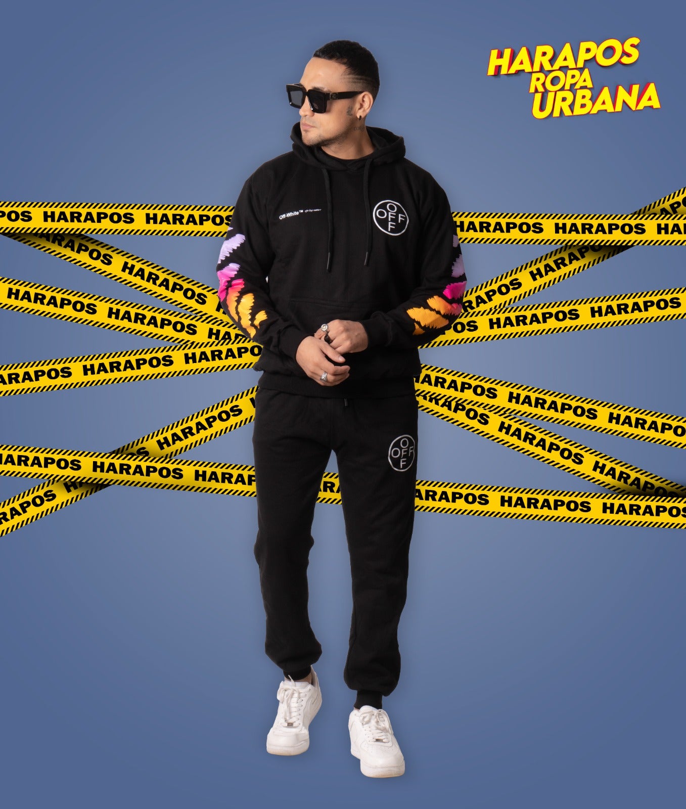 Deportivo off white negro diseño X fucsia/amarillo