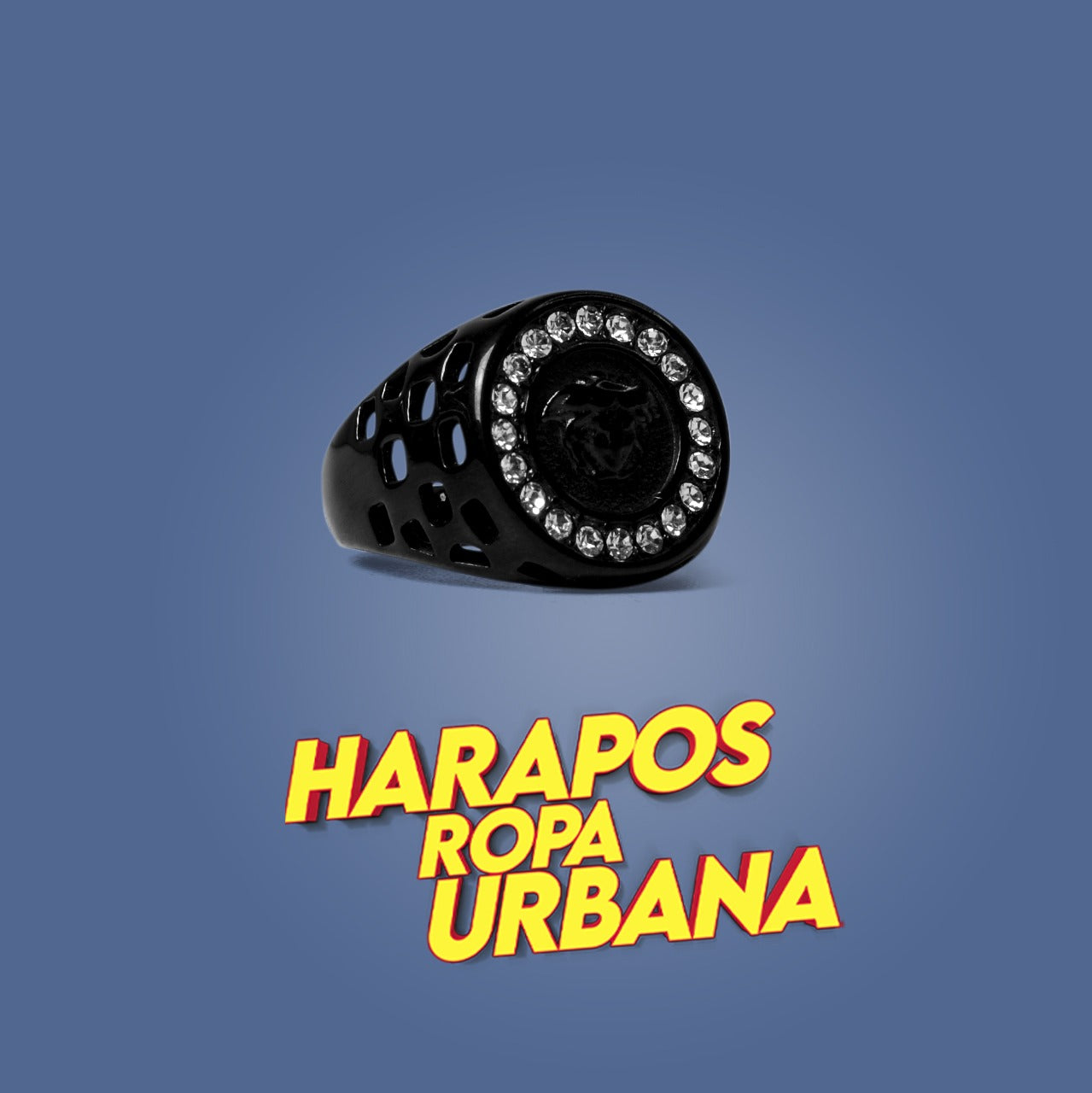 Anillo de acero versace negro circulo con diamantes