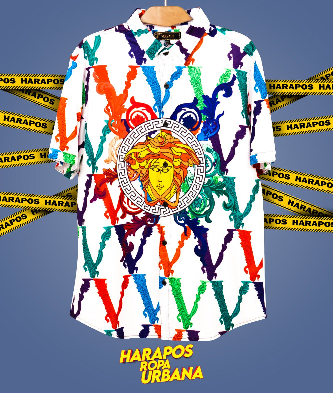 Camisa Versace blanca detalles coloridos