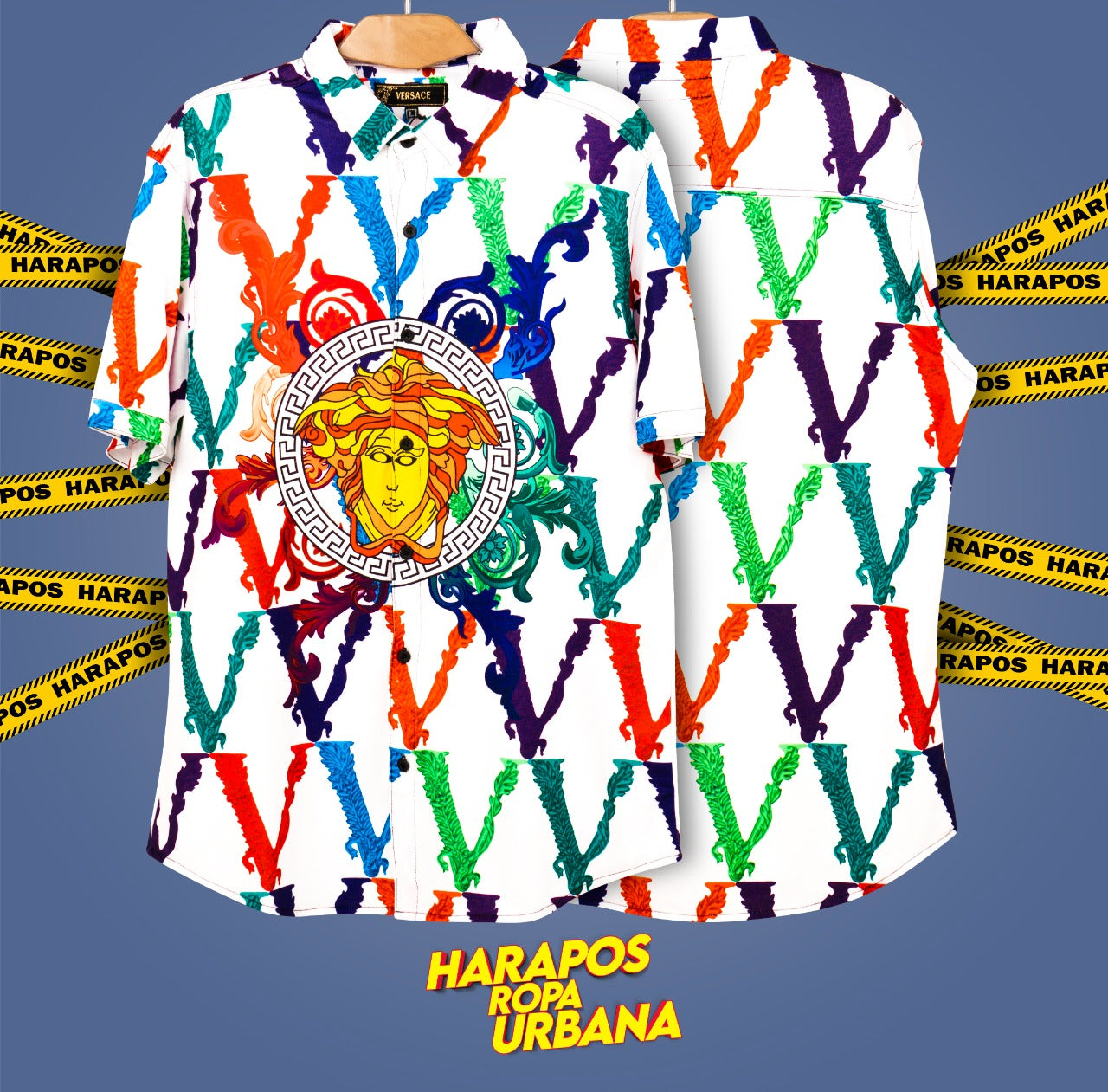Camisa Versace blanca detalles coloridos