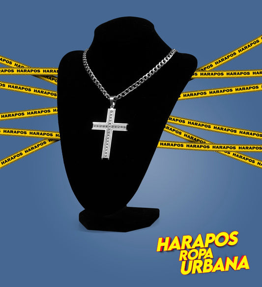 Cadena de acero plateada dije cruz plateada grande