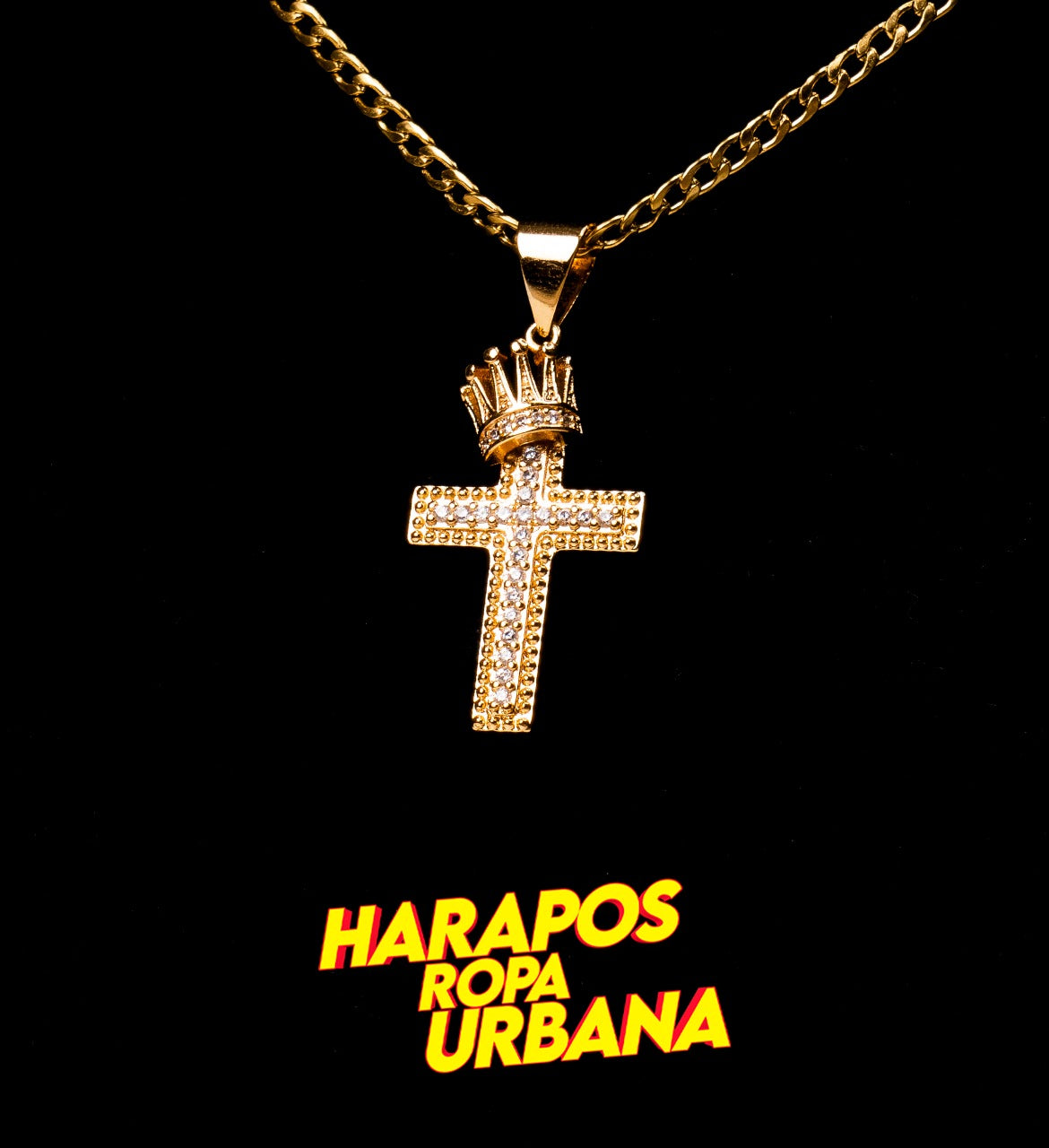 Cadena acero y dije cruz con corona dorada