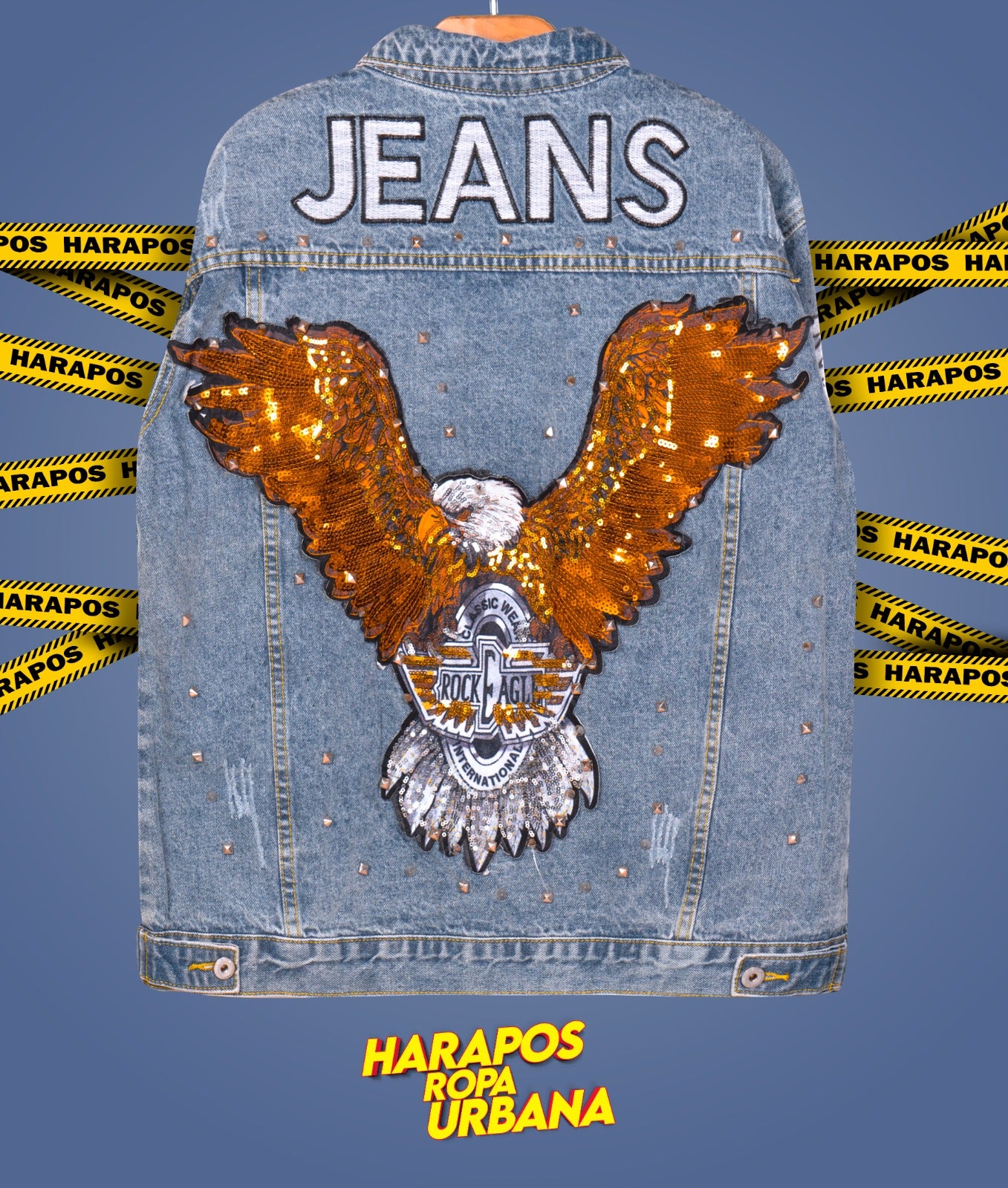 Chaqueta jean exclusivo de diseñador celeste aguila dorada atras