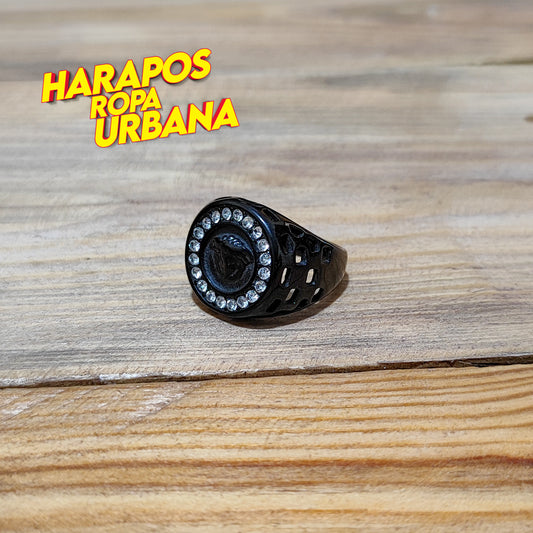 Anillo de acero versace negro circulo con diamantes