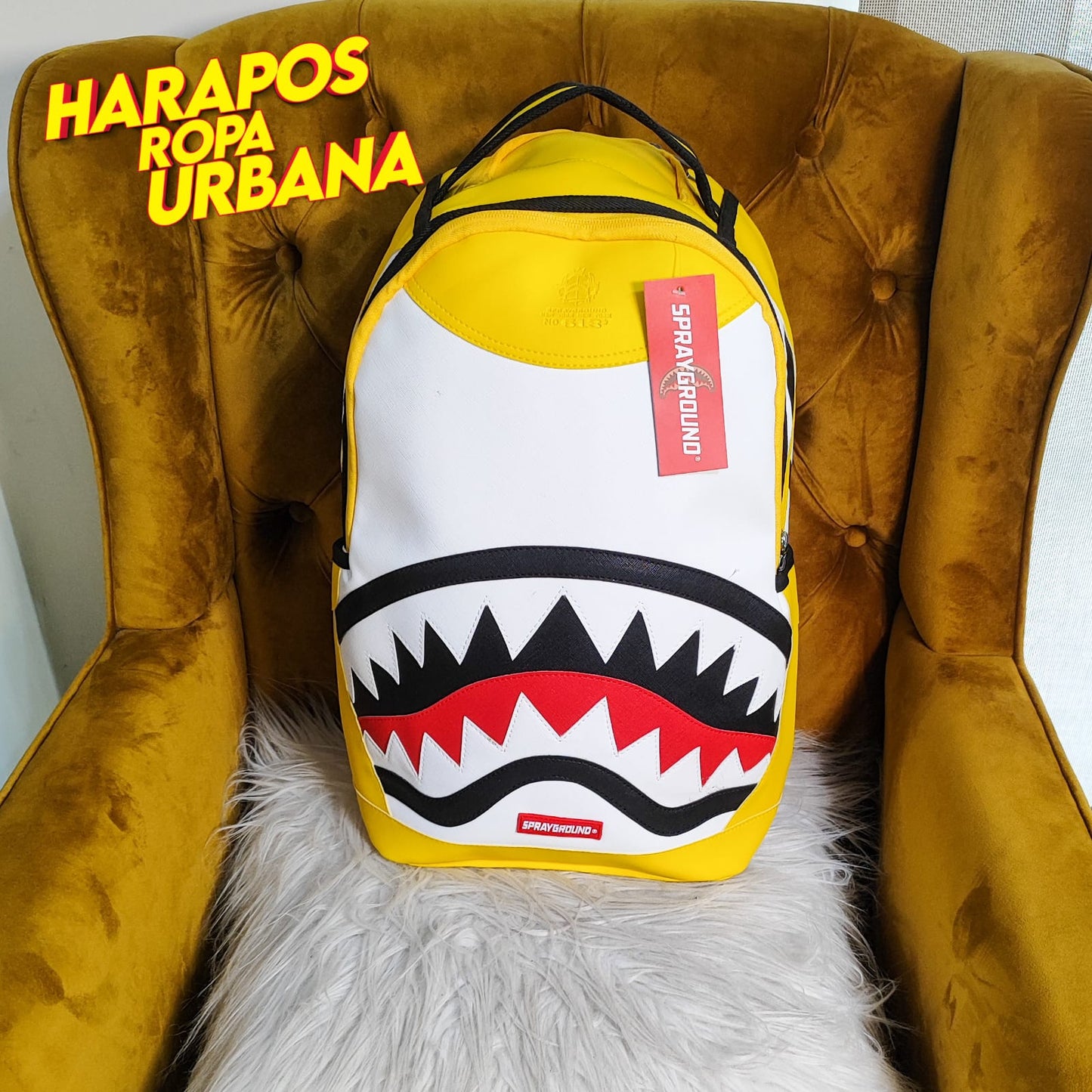 Mochila Sprayground cuero liso amarillo con blanco