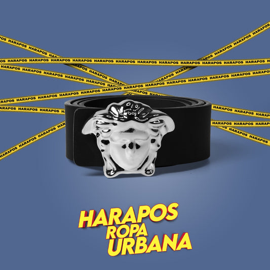 Cinturon Versace negro hebilla medusa plateada