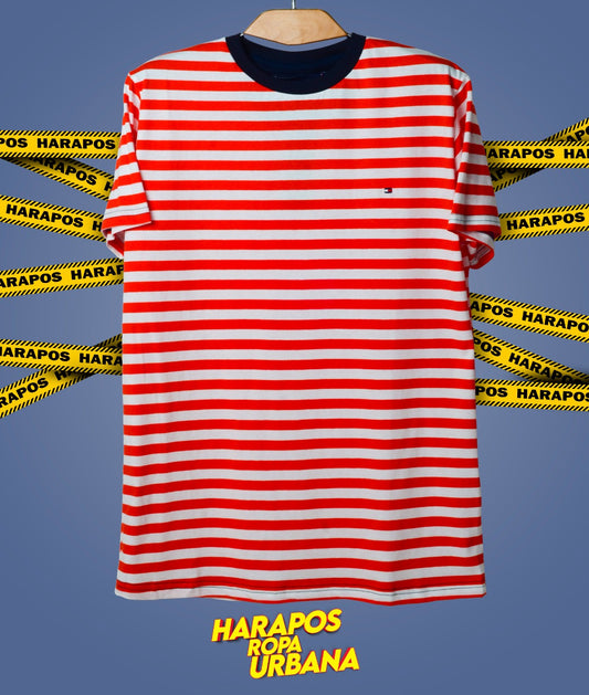 Polera tommy hilfiger blanca y roja a rayas