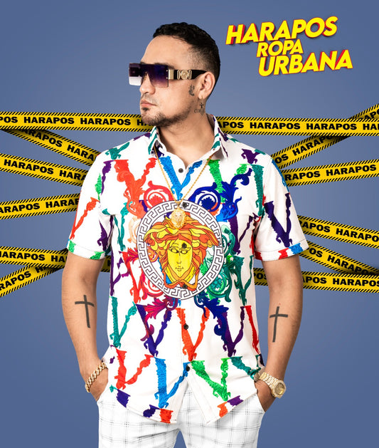 Camisa Versace blanca detalles coloridos