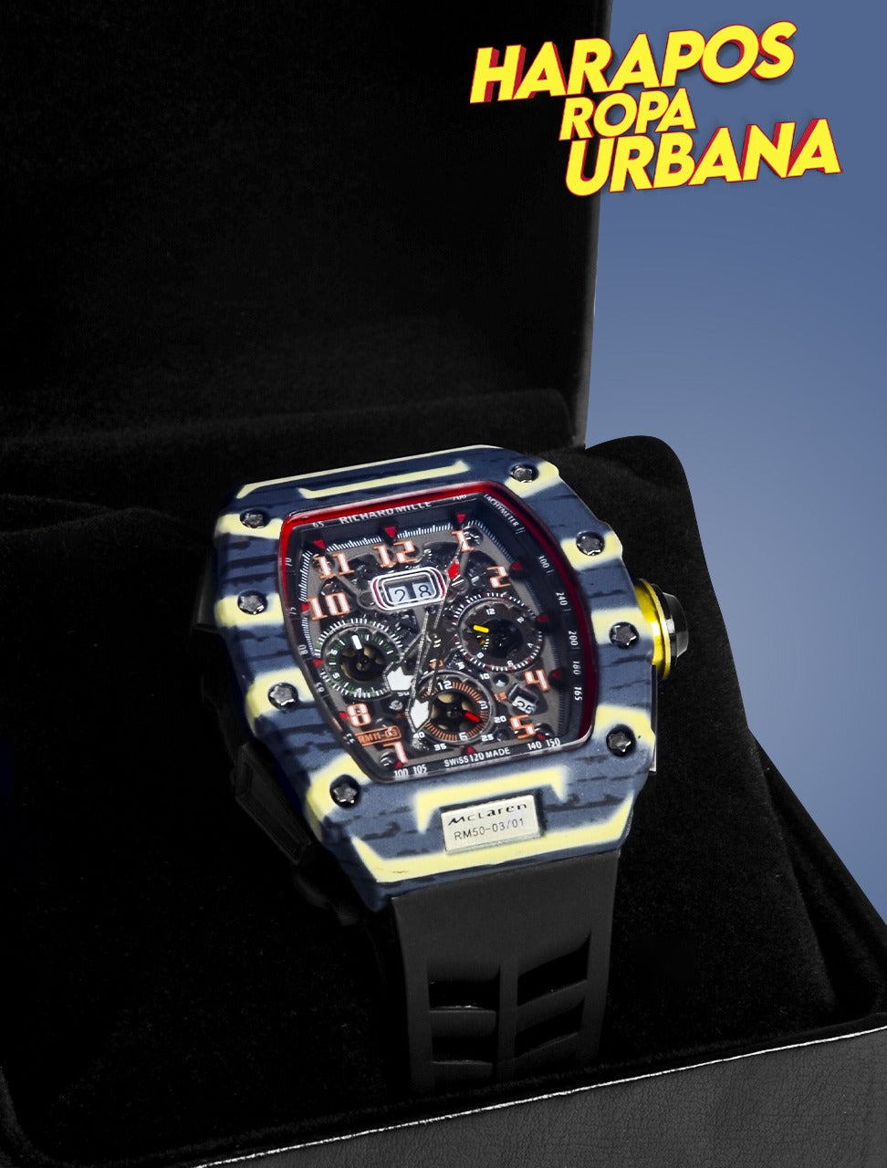 Reloj richard mille Mclaren negro plomo con lineas amarillas