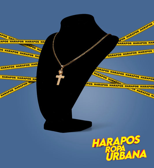 Cadena acero y dije cruz con corona dorada